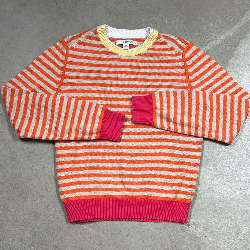 Tommy Hilfiger Y2K Womans Striped Pullover Sweater SZ L Orange Pink